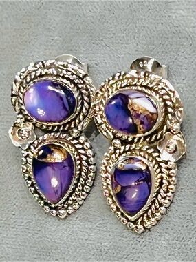 Exquisite Genuine Grape Dahlia Turquoise earrings in solid Sterling Silver